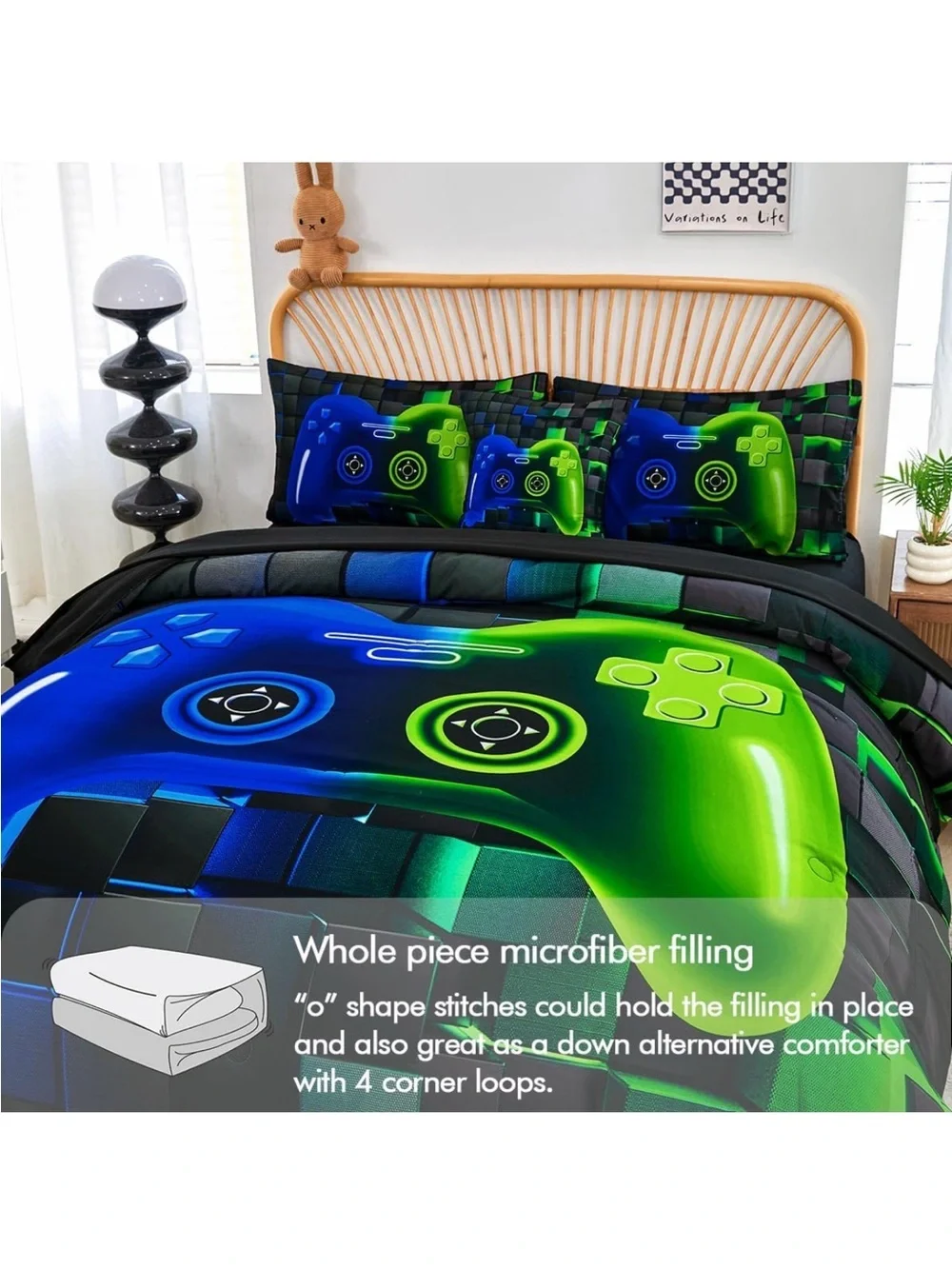 Neon Blue & Green Gamer Controller Comforter Set - Youth Bedding